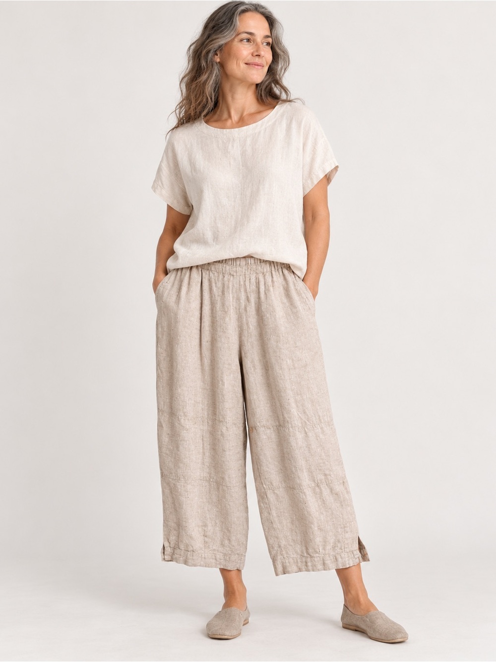 FLAX 100% Linen Natural Beige Cropped Wide Leg Pants Small Made in Lithuania